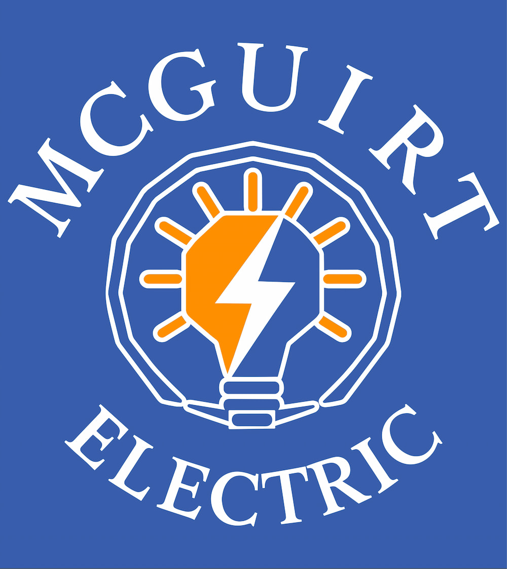McGuirt Electric logo featuring a light bulb with a lightning bolt and sunburst design inside, set against a blue background with white text.